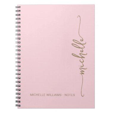 Girly Blush Pink Modern Gold Script Monogram Name Notebook
