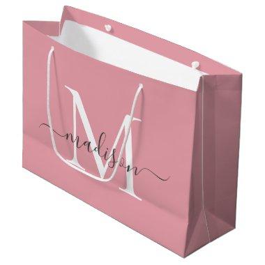Girly Blush Pink Monogram Gray Elegant Script Name Large Gift Bag