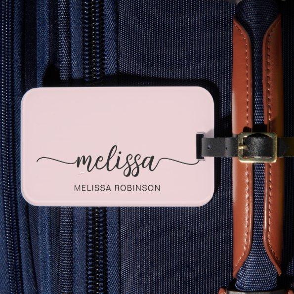 Girly Blush Pink Monogram Name Signature Script Luggage Tag