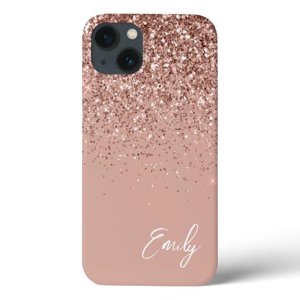 Girly Blush Pink Rose Gold Glitter Monogram iPhone 13 Case