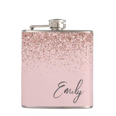 Girly Blush Pink Rose Gold Glitter Monogram Flask