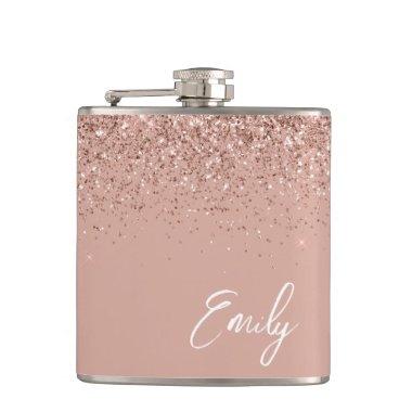 Girly Blush Pink Rose Gold Glitter Monogram Flask