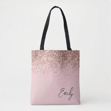 Girly Blush Pink Rose Gold Glitter Monogram Tote Bag