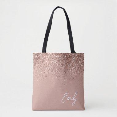 Girly Blush Pink Rose Gold Glitter Monogram Tote Bag