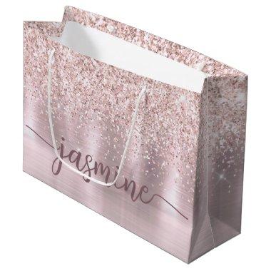 Girly Blush Rose Gold Glitter Monogram Name Script Large Gift Bag