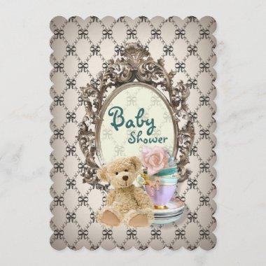 girly bows teddy bear baby shower invitations