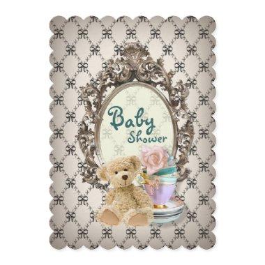 girly bows teddy bear baby shower invitations