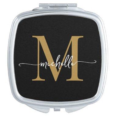 Girly Chic Modern Black Gold Monogram Name Script Compact Mirror