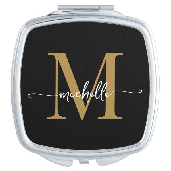 Girly Chic Modern Black Gold Monogram Name Script Compact Mirror
