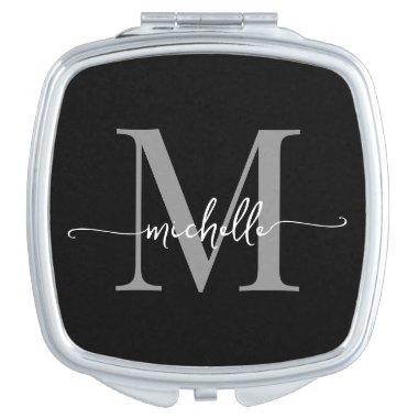 Girly Chic Modern Black Gray Monogram Name Script Compact Mirror