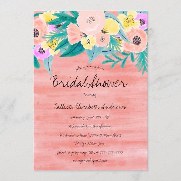 Girly Coral Yellow Floral Watercolor Bridal Shower Invitations