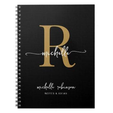 Girly Elegant Chic Black Gold Script Monogram Name Notebook