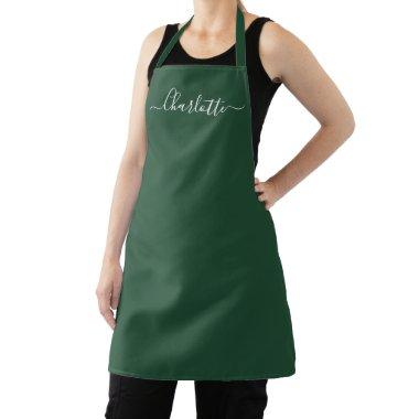 Girly forest green custom script name elegant chic apron