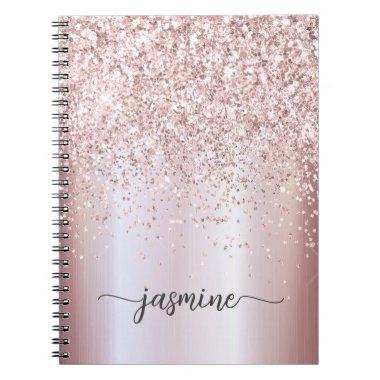 Girly Glam Rose Gold Glitter Monogram Name Script Notebook