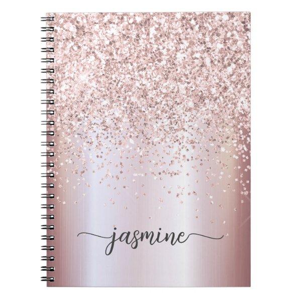 Girly Glam Rose Gold Glitter Monogram Name Script Notebook