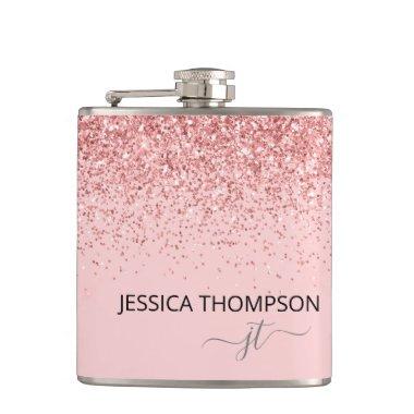 Girly Glitter Blush Pink Simple Monogram Name Flask