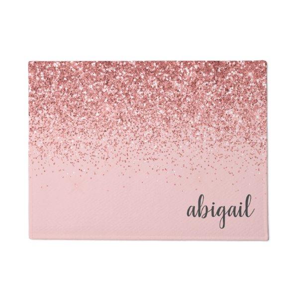 Girly Glitter Blush Pink Stylish Modern Monogram Doormat