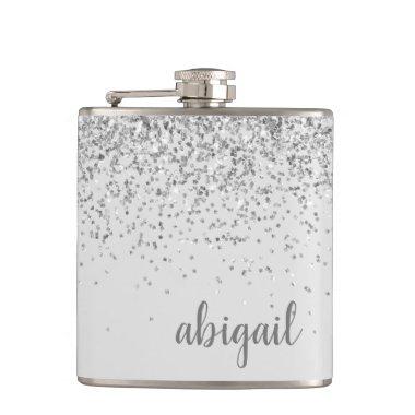 Girly Glitter Personalized Silver Monogram Name Flask