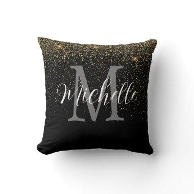 Girly Gold Black Glitter Monogram and Name  Throw Pillow