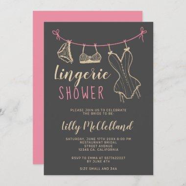 Girly gold clothesline chic lingerie bridal shower Invitations