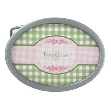 Girly Green Gingham Monogram With Name Oval Belt Buckle