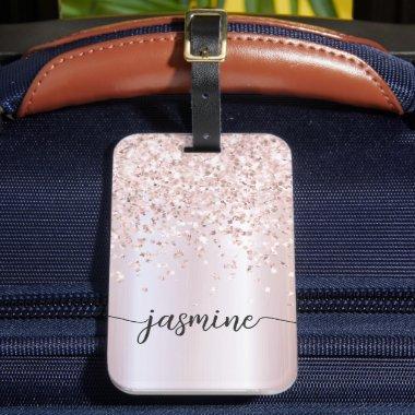 Girly Metal Rose Gold Glitter Monogram Name Script Luggage Tag