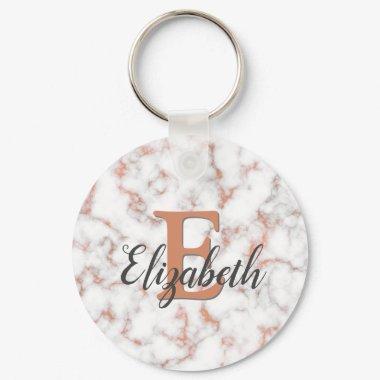 Girly Metallic Copper Marble Monogram Keychain