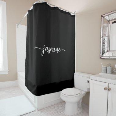 Girly Minimalist Black Monogram Name Script Shower Curtain