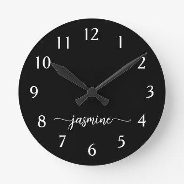 Girly Minimalist Monogram Name Script Black Round Clock