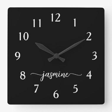 Girly Minimalist Monogram Name Script Black Square Wall Clock