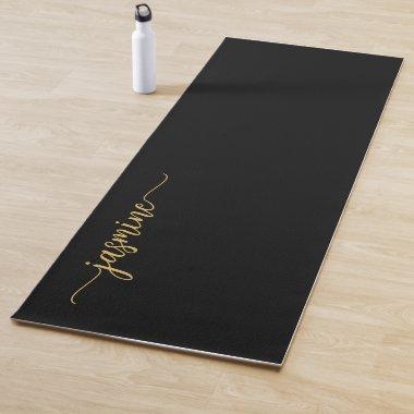 Girly Modern Black Gold Monogram Name Script Yoga Mat