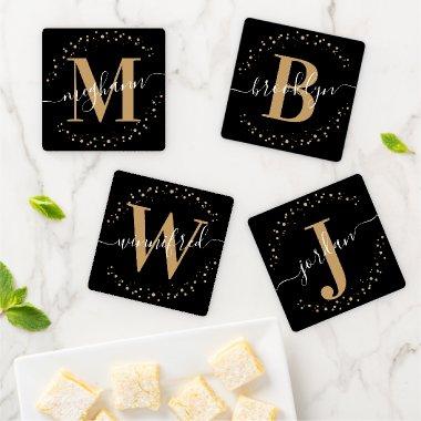 Girly Modern Black Gold Name Script Monogrammed Coaster Set