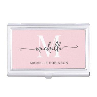 Girly Modern Blush Monogram Name Script Business  Case