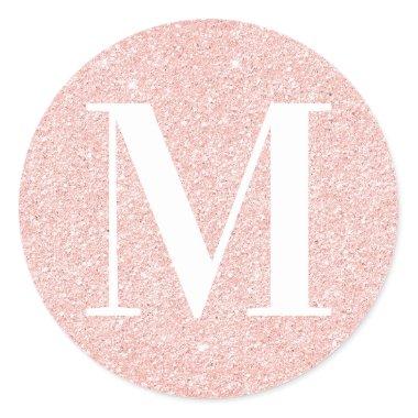 Girly Modern Serif Monogrammed Rose Gold Glitter Classic Round Sticker