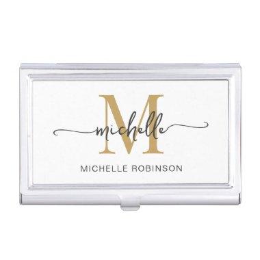 Girly Modern White Gold Monogram Name Script Business  Case