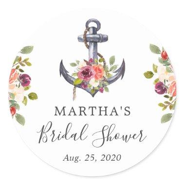 Girly Nautical Anchor Floral Bridal Shower Favor Classic Round Sticker