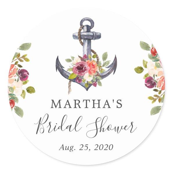 Girly Nautical Anchor Floral Bridal Shower Favor Classic Round Sticker