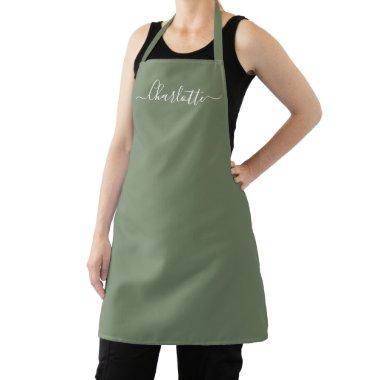 Girly olive green custom script name elegant solid apron