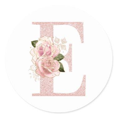 Girly Pale Rose Gold Glitter Floral Monogram E Classic Round Sticker
