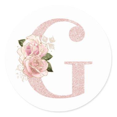 Girly Pale Rose Gold Glitter Floral Monogram G Classic Round Sticker
