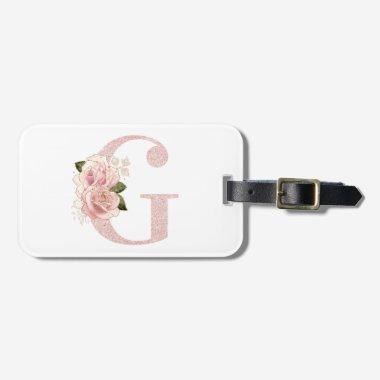 Girly Pale Rose Gold Glitter Floral Monogram G Luggage Tag