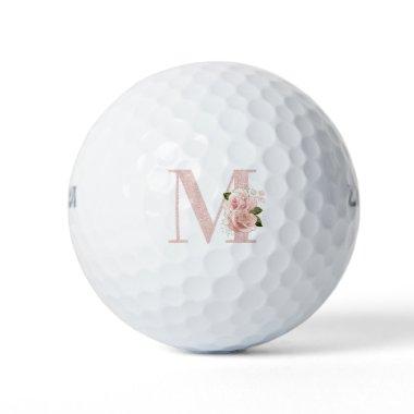 Girly Pale Rose Gold Glitter Floral Monogram M Golf Balls