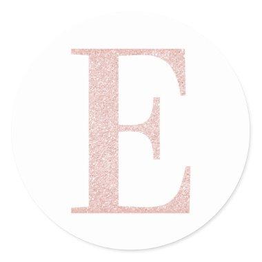 Girly Pale Rose Gold Glitter Monogram E Classic Round Sticker