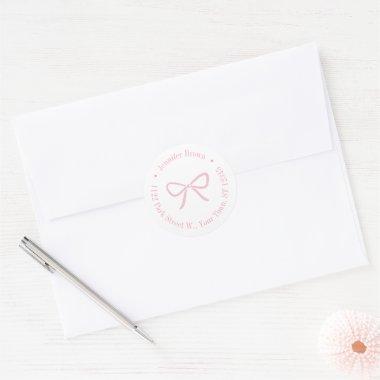 Girly Pink Bow Baby Shower Return Address Classic Round Sticker
