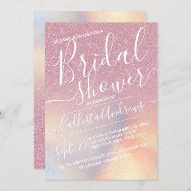 Girly Pink Faux Iridescent Glitter Bridal Shower Invitations