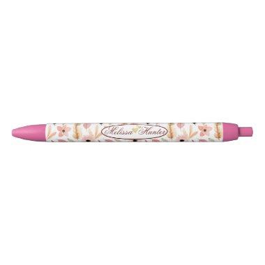 Girly Pink Floral Watercolor Pattern Name Script Black Ink Pen