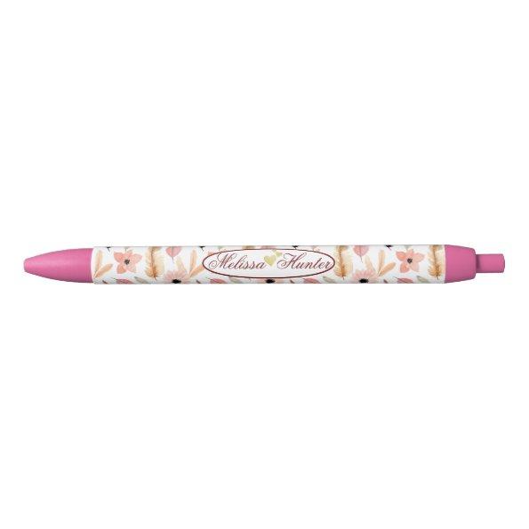 Girly Pink Floral Watercolor Pattern Name Script Black Ink Pen