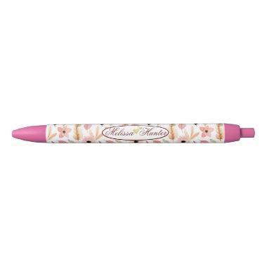 Girly Pink Floral Watercolor Pattern Name Script Pen