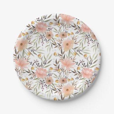 Girly Pink Peach Floral Leaves Pattern Paper Plates
