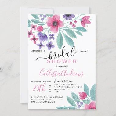 Girly Pink Purple Watercolor Floral Bridal Shower Invitations